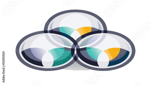 Three overlapping translucent ovals with teal yellow and gray segments creating a layered effect