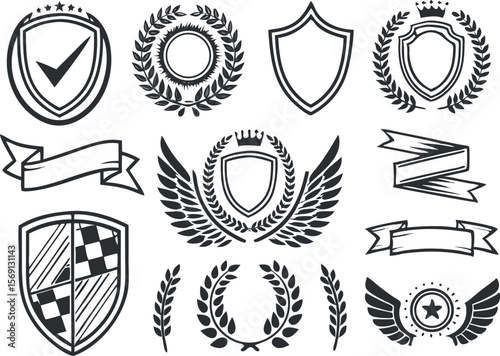Collection of Black and White Vector Graphic Design Elements Featuring Shields Laurels Wings Ribbons and Checkmarks
