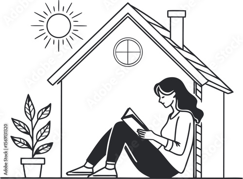 Black and White Minimalist Drawing Woman Reading Book Simple House Interior Sun Plant Potted
