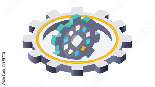 Illustration of two gears interlocked with a gold ring around the smaller gear inside the larger gear