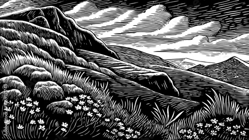 A windswept mountain ridge with tundra moss, lichen, and scattered alpine flowers vector a black and white line art illustration