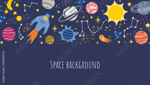 Horizontal copy space template cosmos theme. Blue background with planets, sun, stars, space dust and meteors. Astronomical space banner with place for text, vector graphic