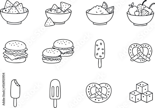 Nine Black and White Line Art Food Icons Bowls of Nachos Guacamole Fruit Salad Burgers Ice Cream Pretzels
