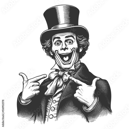 shocked man in a top hat dramatically pointing at his bow tie with wide open mouth sketch engraving generative ai fictional character vector illustration. Scratch board imitation. Black and white.