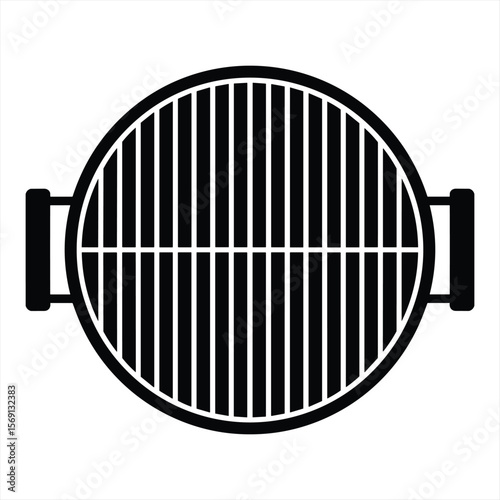 Simple black and white graphic of a round grill grate silhouette