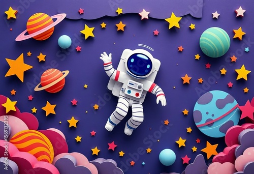 Vibrant astronaut in whimsical paper-cut space, floating amidst colorful stars and planets,  art,  space