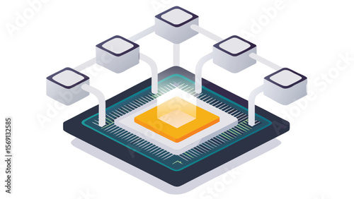 Illustration of a network connected to a central processing unit with an orange core and white nodes
