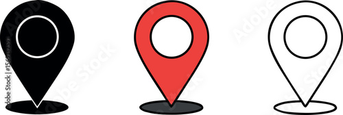 Three Simple Flat Design Location Marker Icons in a Row Black Red and White Map Pin Symbols