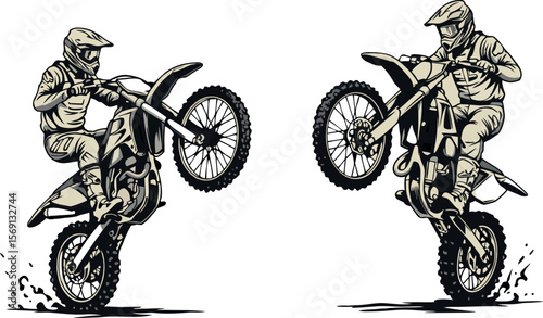 Two Beige and Black Motocross Riders Performing Wheelies on Their Dirt Bikes Against a White Background a Stylized