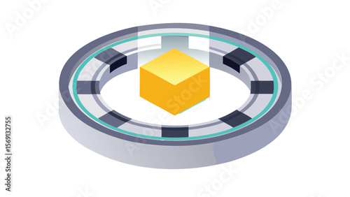 Isometric view of a yellow cube surrounded by a circular structure with dark rectangles and a light ring