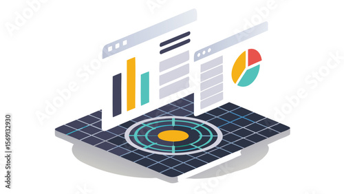 Isometric view of data analysis with charts and graphs on a platform with circle design