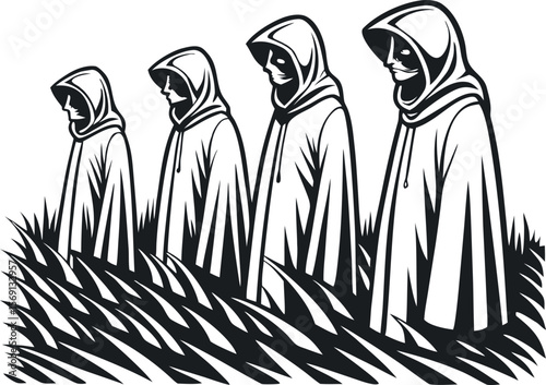 Five Hooded Figures Standing in Tall Grass Black and White Monochrome Graphic Art Mysterious Figures in Robes