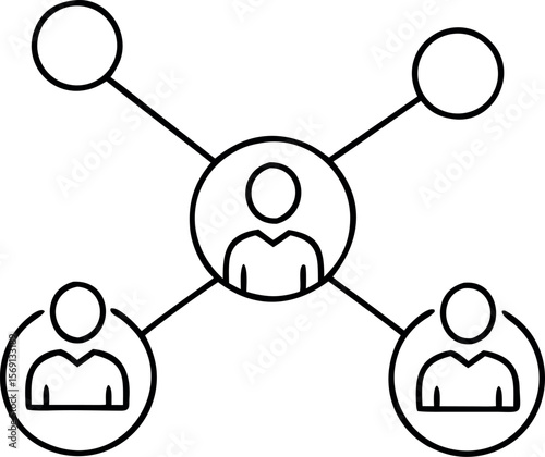 Black Line Art Network Illustration Central Figure Connected to Four Other Figures via Lines Simple Minimalist Design