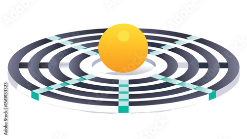 A yellow sphere centered on a circular platform with concentric rings and teal support beams around it