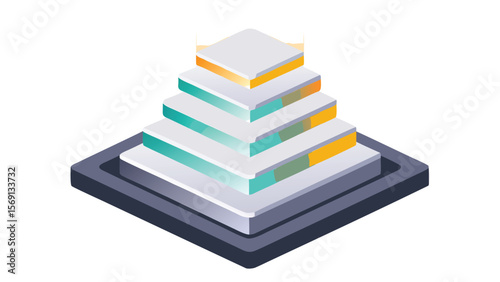 Isometric layered pyramid with white and colored levels on a dark gray base structure view