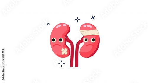Animation two injured cartoon kidneys desperately need urgent medical care.