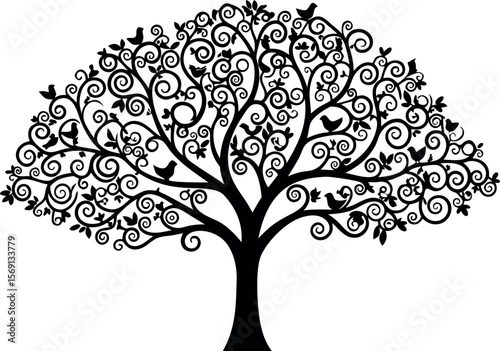Black and White Stylized Tree Illustration Swirling Branches Birds Leaves Detailed Silhouette Graphic Design Element