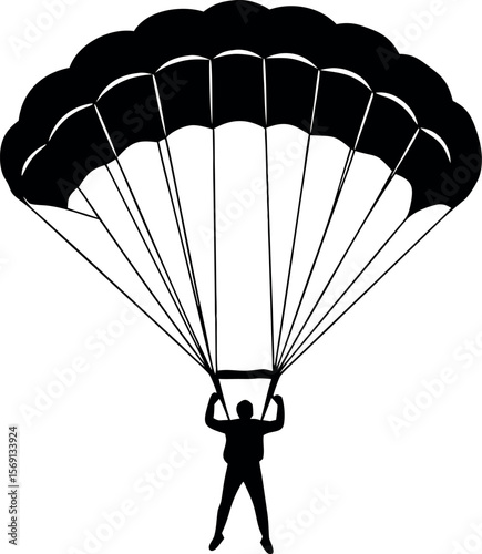 Black and White Vector Silhouette of a Skydiver Under a Round Multi Panel Parachute Descending