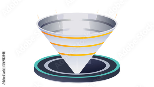 Illustration of a futuristic funnel with orange stripes and a circular platform below it in isometric view