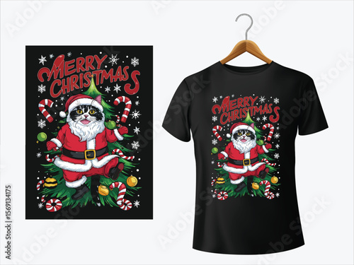 Festive cat dressed as Santa Claus with Christmas tree