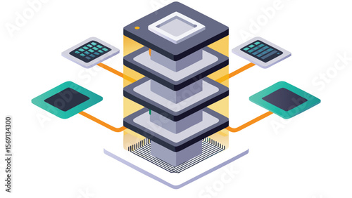 Isometric illustration of a server rack with multiple servers and a cylindrical database on top