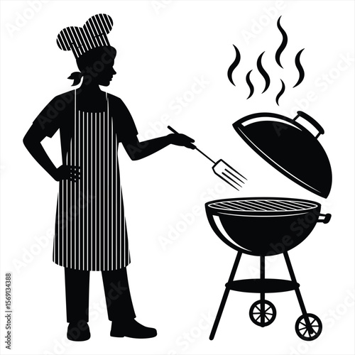 Chef with grill utensil cooking at barbecue grill silhouette
