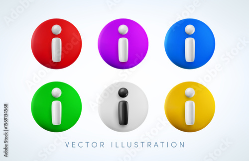 Vector cartoon 3d colorful information sign set. Cute realistic render of i sign in blue, white, green, red, yellow and purple circle. Info button for info support, web, help, faq, ui, game, app.