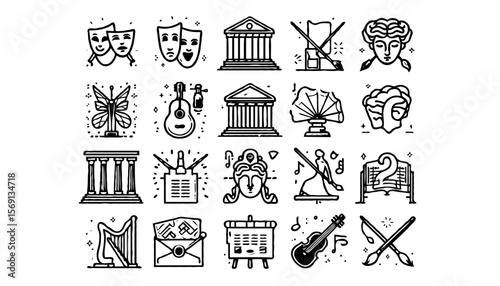 A set of 24 minimalist line art icons representing culture, creativity, and fine arts. Each icon is drawn with clean, thin black outlines and uniform stroke width on a light background