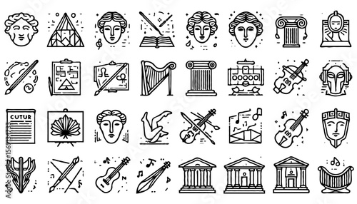 A set of 24 minimalist line art icons representing culture, creativity, and fine arts. Each icon is drawn with clean, thin black outlines and uniform stroke width on a light background
