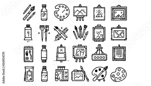 A set of 24 minimalist line art icons themed around painting and art. Each icon is drawn in clean, thin black outlines with uniform stroke width on a light background
