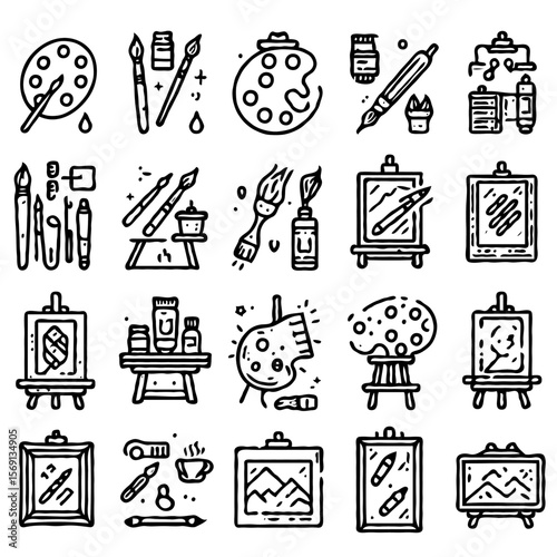 A set of 24 minimalist line art icons themed around painting and art. Each icon is drawn in clean, thin black outlines with uniform stroke width on a light background