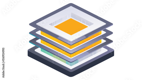 Isometric illustration of stacked square layers with yellow and teal accents and gray borders