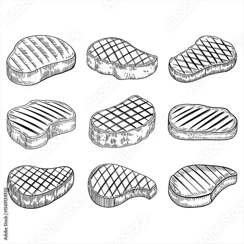 Collection of nine grilled steak silhouettes with crosshatch texture