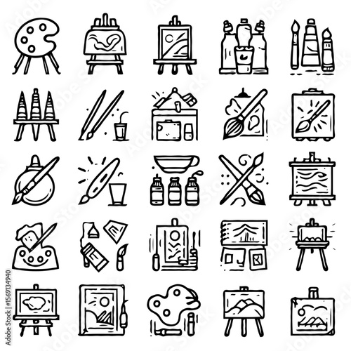 A set of 24 minimalist line art icons themed around painting and art. Each icon is drawn in clean, thin black outlines with uniform stroke width on a light background