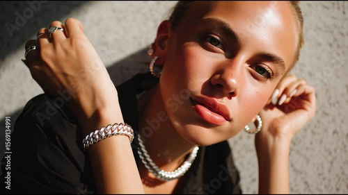 Model showcases elegant jewelry while posing in natural light for a stylish photo shoot