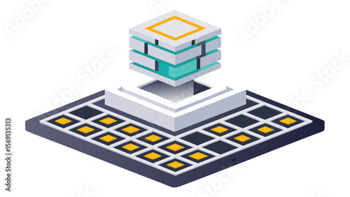 Isometric illustration of a layered cube floating above a checkered platform design art