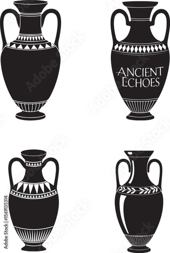 Ancient Greek Vase Silhouettes with Geometric Patterns