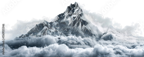 dark snow covered mountains landscape surrounded by smoke and clouds isolated on white or transparent png