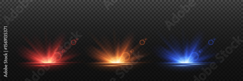 Bright golden red and blue flashes on transparent background. Shining stars. Magic rays of light.