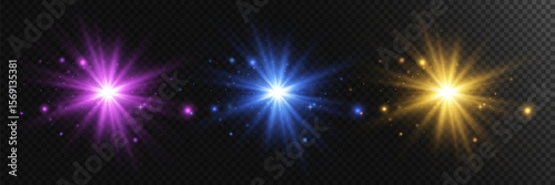 Set of bright star glare purple blue and gold star. Light flare effect. Vector. EPS 10.
