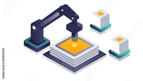 Robotic arm working on a chip with cubes on the side in an isometric view representing technology