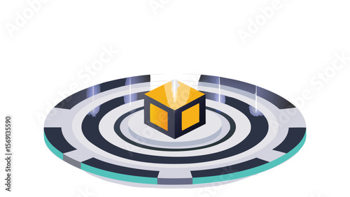 Isometric view of a yellow cube on a circular platform with black and white concentric rings design
