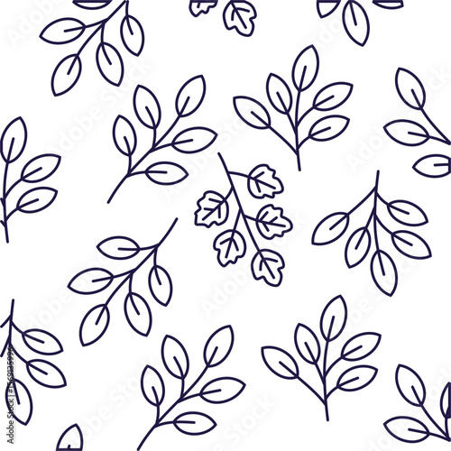 Seamless pattern of outline vector illustration of randomly scattered leafy branches. Ideal for natural backgrounds, textiles or eco-friendly designs.