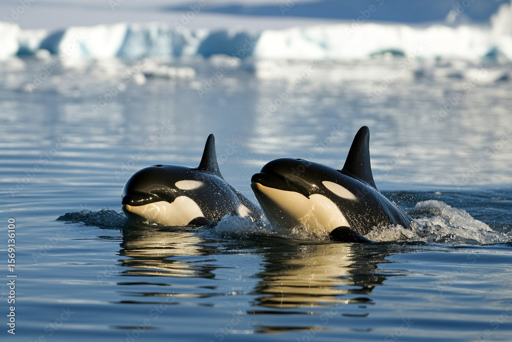Fototapeta premium Pod of orcas swimming gracefully near the icy edge of a pristine arctic sea at dawn