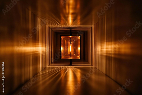 Radiant orange light illuminating a geometric tunnel structure in an abstract setting during the evening