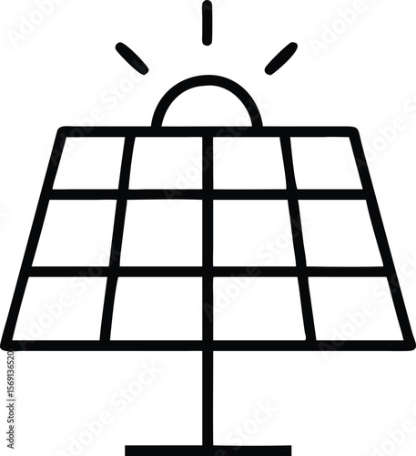 Simple black line drawing icon of a solar panel with sun rays