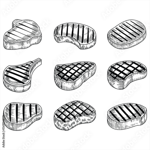 Collection of grilled steaks in a hand drawn silhouette style