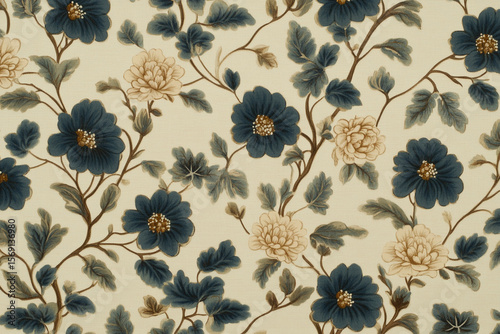 Floral pattern featuring light and dark blue flowers set against a beige background