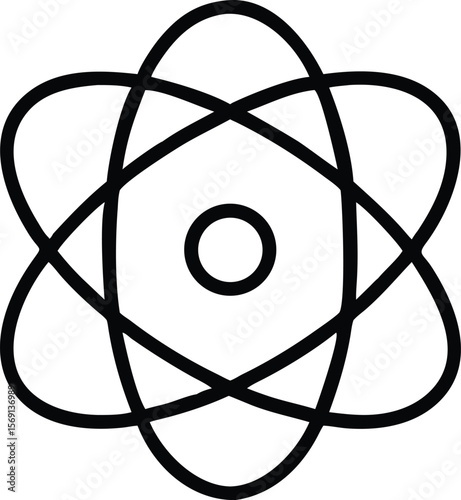 Stylized black atom icon with orbiting electrons on white background