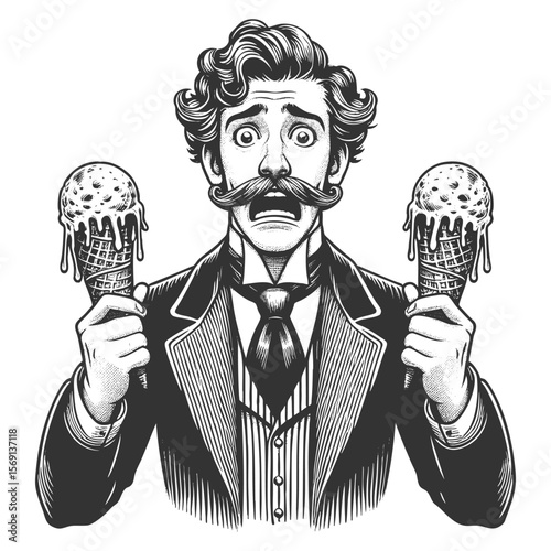 Funny gentleman looking horrified while holding two melting ice cream cones sketch engraving generative ai fictional character vector illustration. Scratch board imitation. Black and white image.